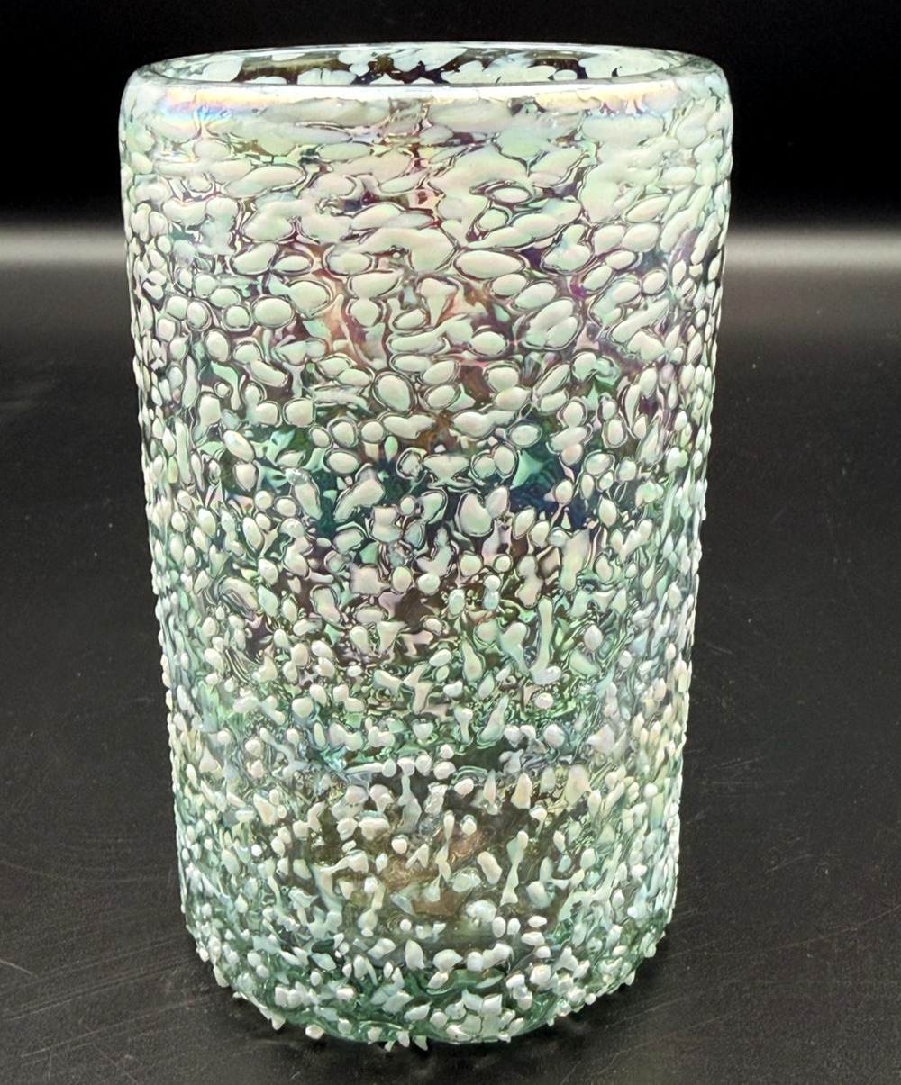 Recycled 5" Confetti Drinking Glass Hand Blown Tumbler White Pebble Iridescent